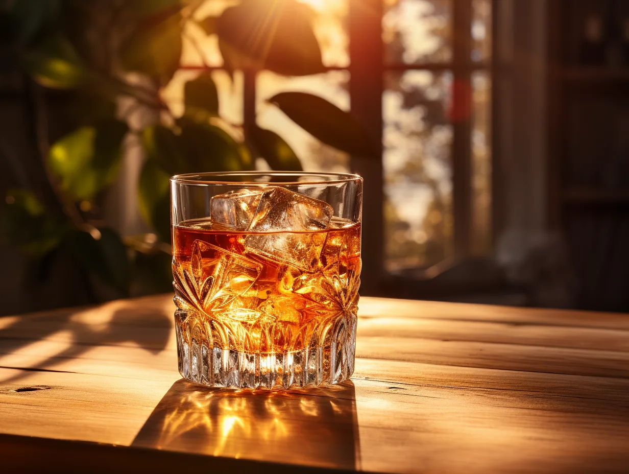 Rhum ambré dans un verre avec des reflets dorés