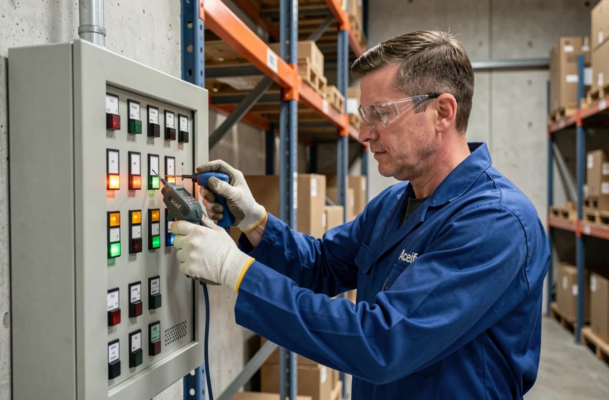 Technicien Aceif vérifiant un tableau électrique industriel dans un entrepôt à Montpellier