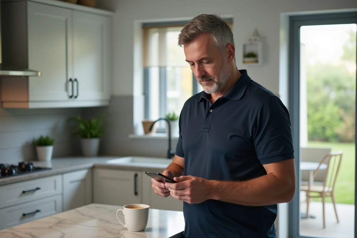 Homme activant son espace client EDF ENR sur smartphone dans une cuisine moderne