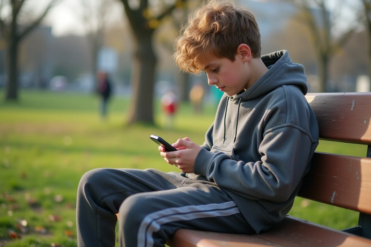 Adolescent concentré sur son smartphone dans un parc