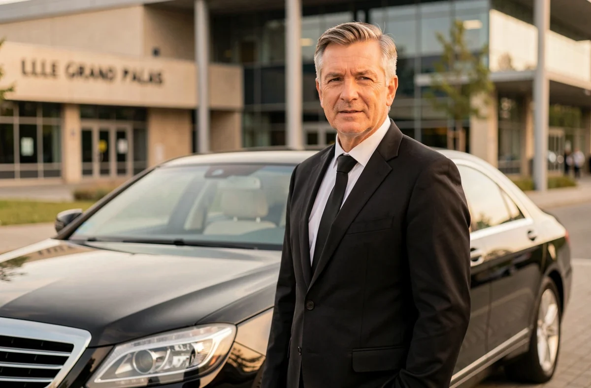 Chauffeur VTC polyvalent en costume noir devant une berline avec le Grand Palais de Lille en arrière-plan flou