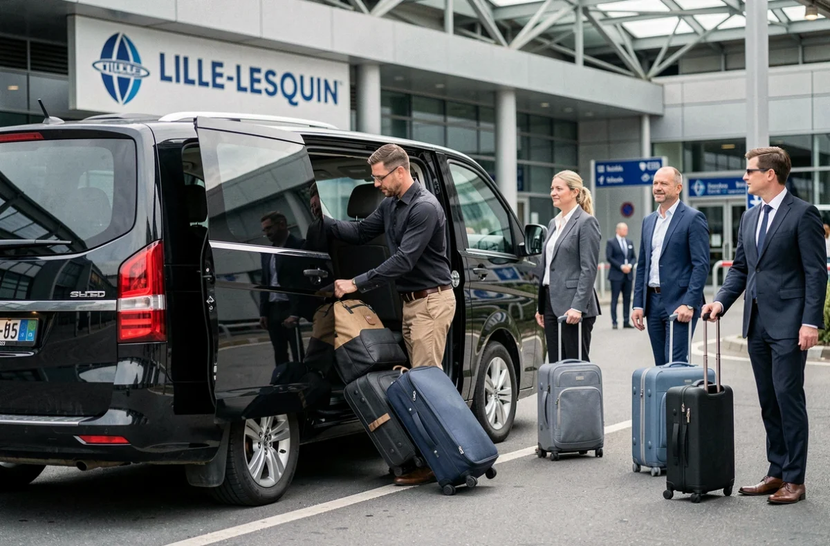 Chauffeur chargeant des bagages dans un minivan navette à l'aéroport de Lille-Lesquin avec des passagers en attente