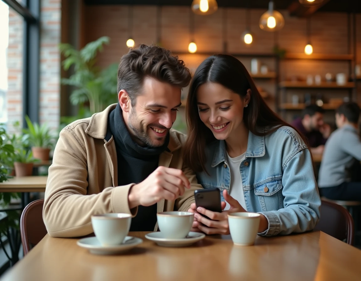 Deux amis consultant ensemble des alternatives aux clubs sur Monopoly GO dans un café