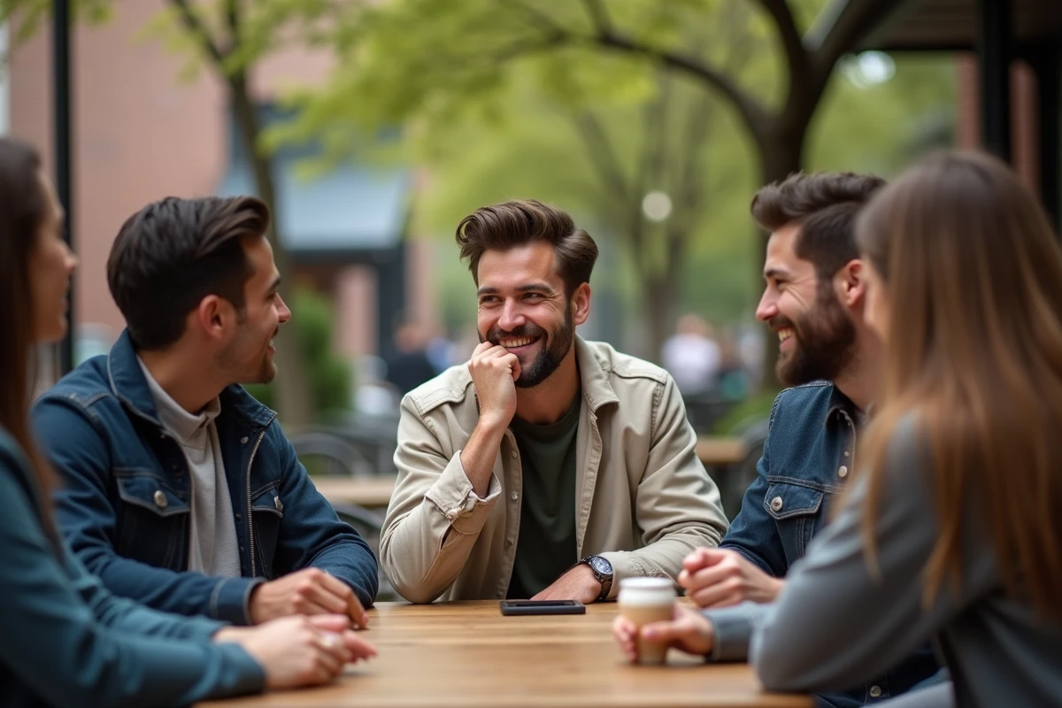 Groupe d amis souriants dans un café en plein air