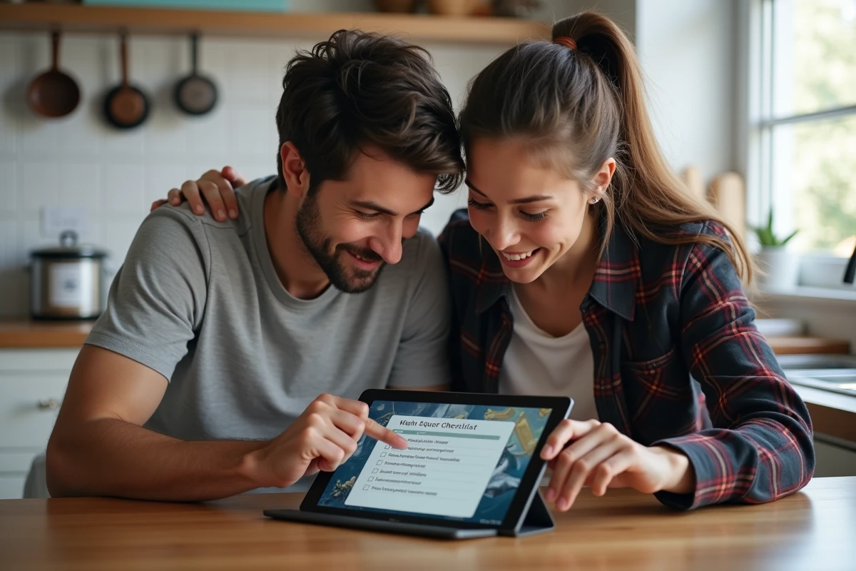 Deux amis consultant une check-list de quête sur tablette dans une cuisine moderne pour valider une mission de jeu