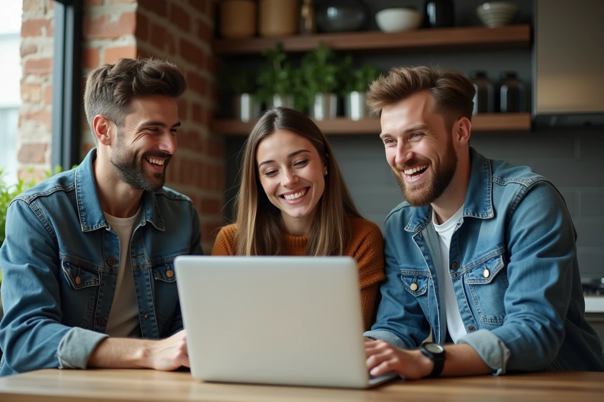 Trois amis rieurs discutant de mods de jeux dans une cuisine loft