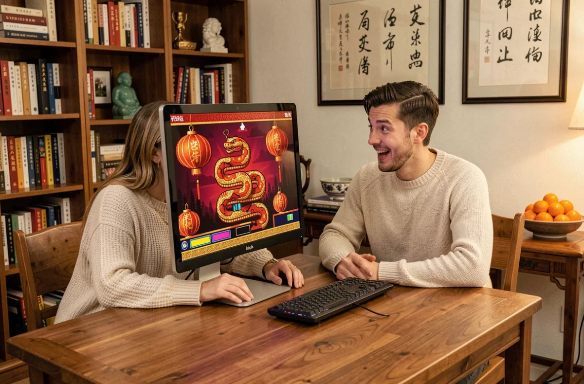 Deux amis jouant ensemble au jeu Google Doodle de l'Année du Serpent et découvrant ses secrets cachés sur ordinateur de bureau