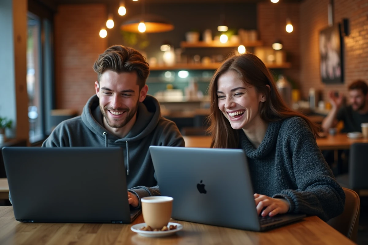 Deux amis jouant à League of Legends sur leurs ordinateurs portables dans un café urbain, illustrant la croissance de la communauté LoL