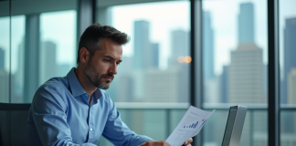 Analyste financier en bureau moderne avec graphiques