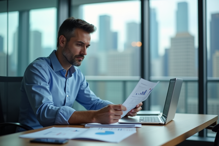 analyste-financier-bureau Analyste financier en bureau moderne avec graphiques