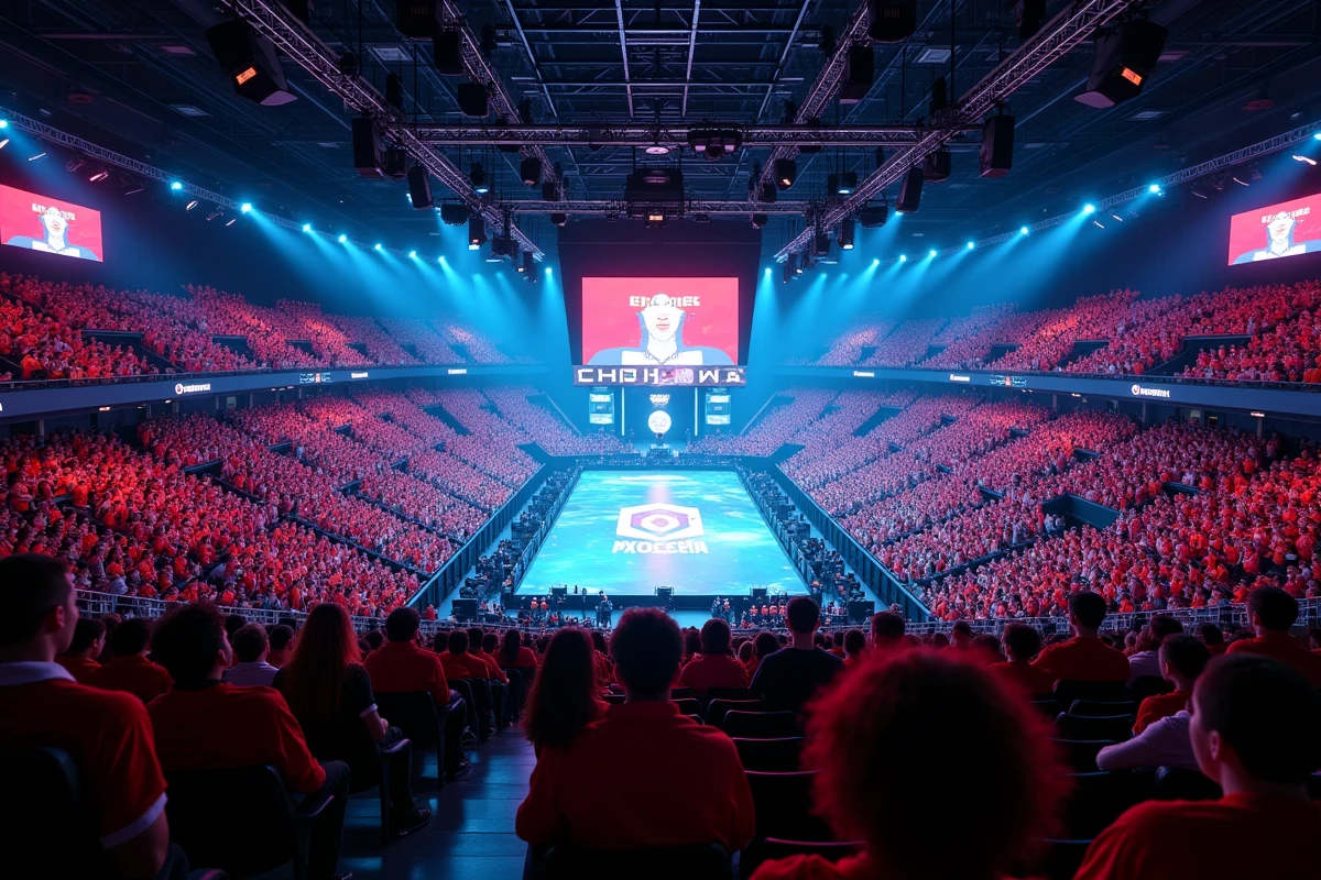 Salle de compétition esports comble lors d'un championnat mondial de League of Legends style Worlds 2026