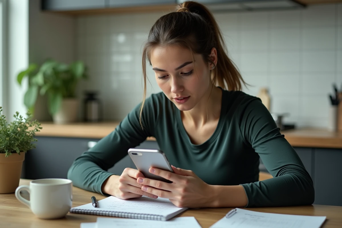 Athlète féminine à la maison adaptant un plan de marathon en convertissant les miles en kilomètres sur smartphone et carnet