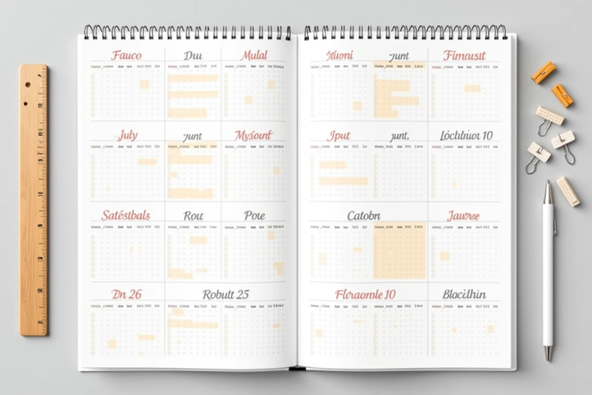 Vue à plat des douze pages mensuelles du calendrier 2026 avec jours fériés et vacances marqués