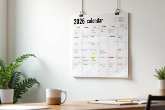 Calendrier mural 2026 affiché dans un bureau avec jours fériés annotés à la main