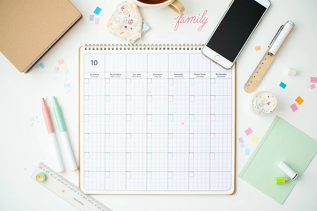 Vue aérienne d'un calendrier scolaire avec marquage semaine paire impaire et organisateur numérique sur smartphone