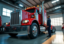 Camion de dépannage en garage lumineux avec mécanicien
