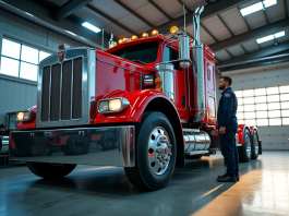 L’entretien essentiel des dépanneuses poids lourds Camion de dépannage en garage lumineux avec mécanicien