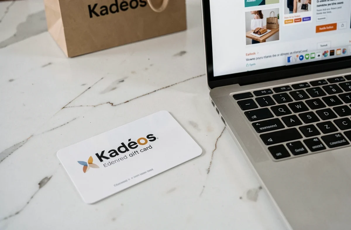 Carte cadeau Kadéos Edenred posée sur un bureau blanc avec un ordinateur portable affichant un site de shopping en ligne