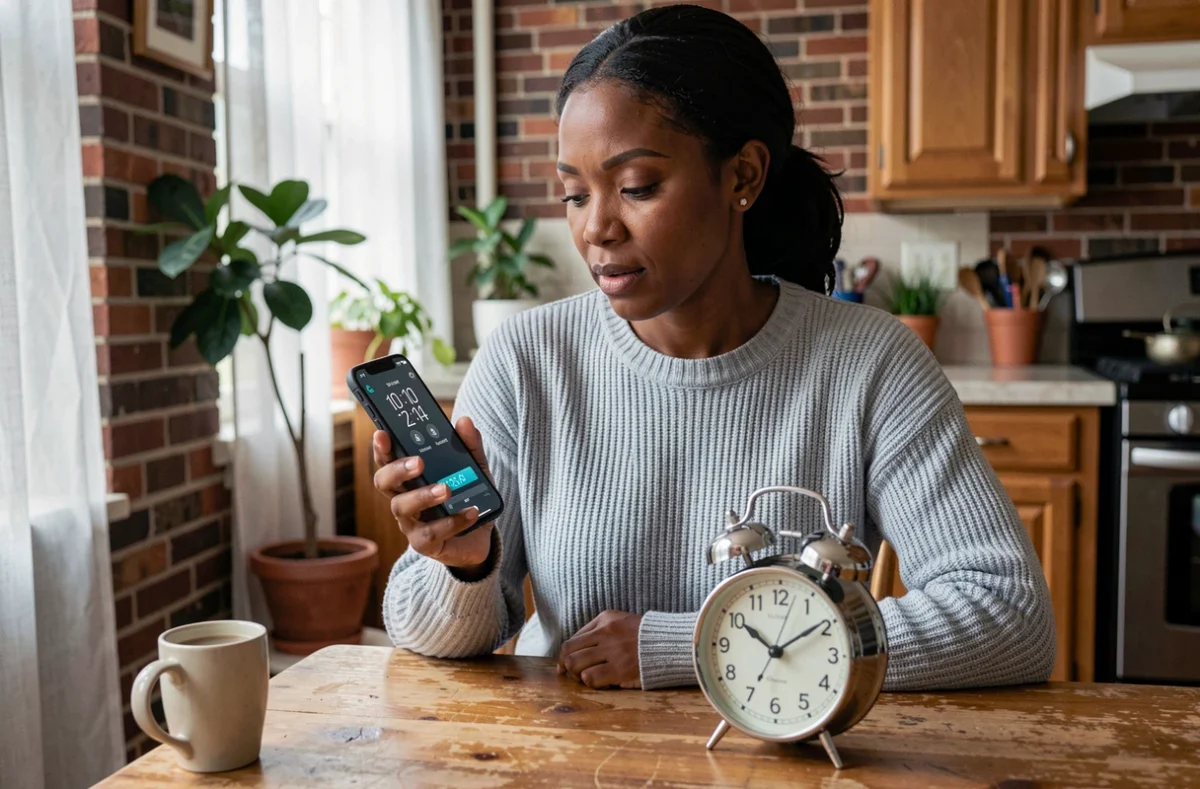Femme consultant son smartphone pour vérifier l'heure lors du changement d'heure d'été à Washington