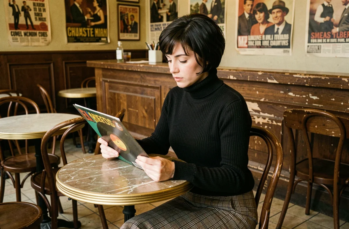 Jeune femme française des années 60 tenant un disque vinyle dans un café parisien vintage avec affiches de concerts rétro
