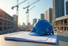 Chantier avec grues et documents légaux sous un casque bleu