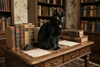 Chat noir assis sur un bureau ancien entouré de livres de poésie et de manuscrits évoquant l'univers de Baudelaire