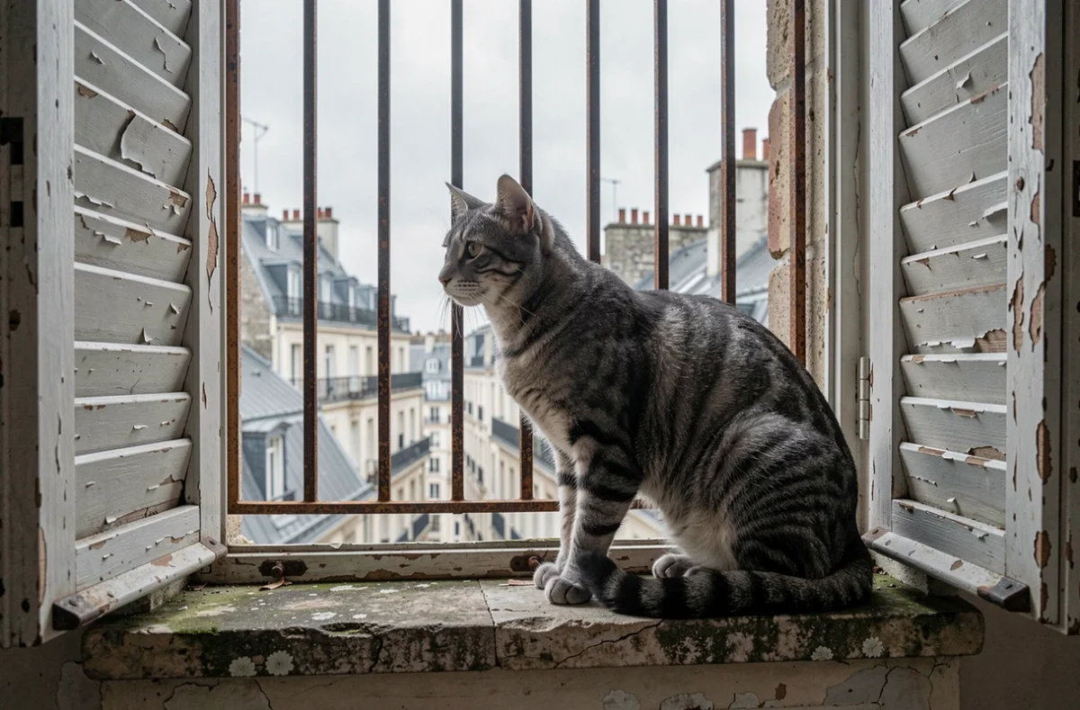 Chat gris sur le rebord d'une fenêtre parisienne ancienne contemplant les toits, atmosphère mélancolique évoquant la poésie de Baudelaire