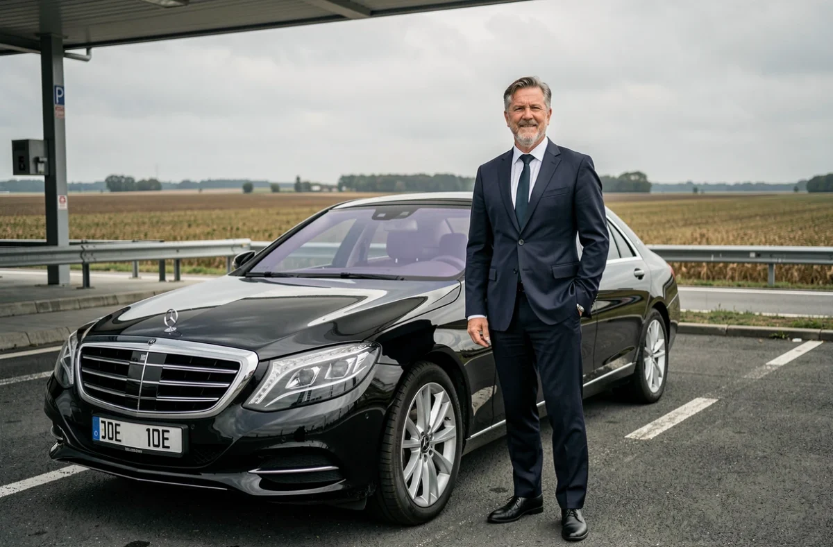 Chauffeur VTC longue distance devant une berline noire sur une aire d'autoroute dans le Nord de la France