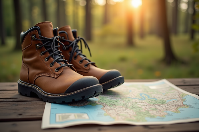 Chaussures de randonnee usées avec carte sur table en plein jour
