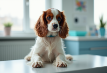Cocker spaniel attentif sur une table d'examen vétérinaire