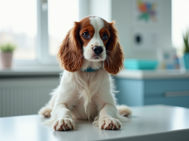 Cocker spaniel attentif sur une table d'examen vétérinaire