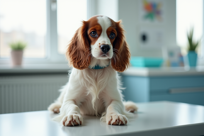 Cocker spaniel attentif sur une table d'examen vétérinaire