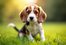 Chiot beagle curieux avec grands yeux sur pelouse verte