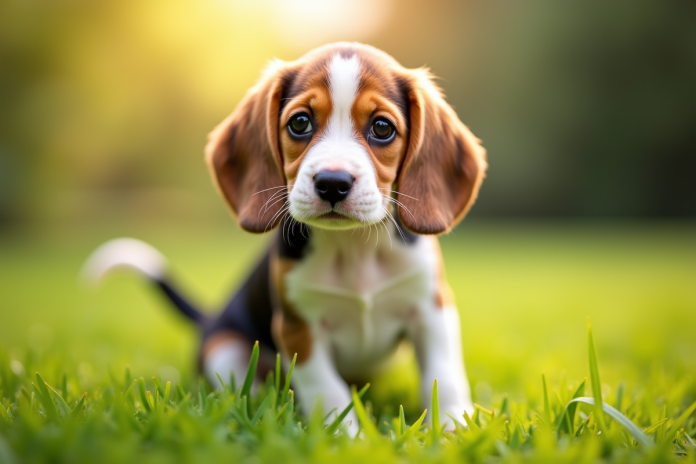 Chiot beagle curieux avec grands yeux sur pelouse verte