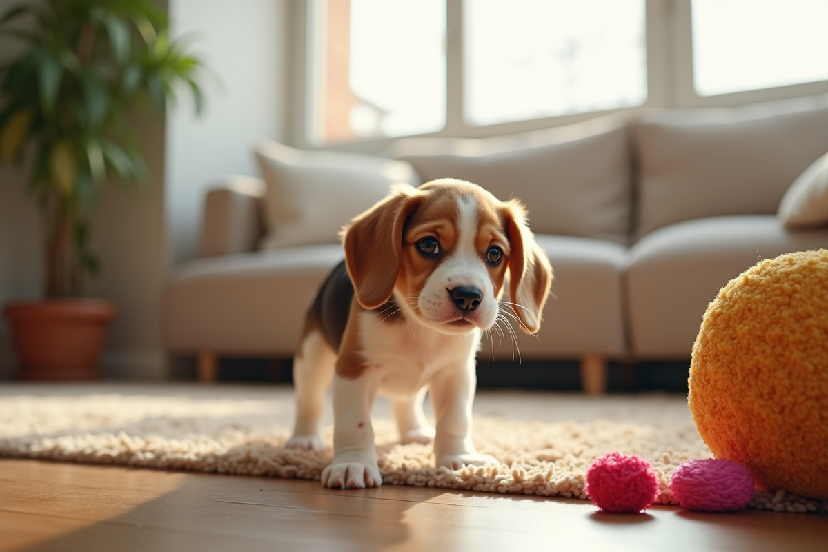 Chiot beagle explore un salon moderne avec jouets colorés