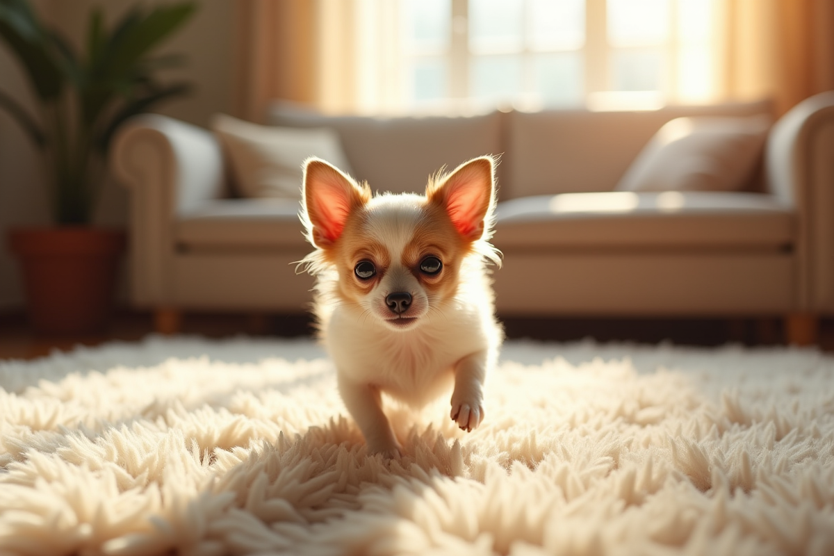 Chiot chihuahua jouant sur un tapis dans le salon en lumière naturelle