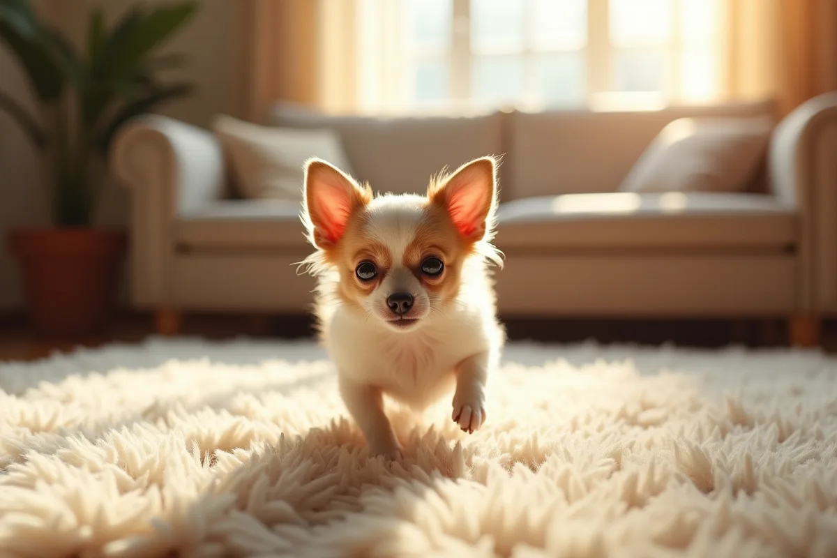 Chiot chihuahua jouant sur un tapis dans le salon en lumière naturelle