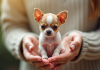 Petit chiot chihuahua dans des mains douces et lumineuses