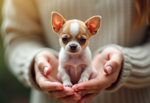 Petit chiot chihuahua dans des mains douces et lumineuses