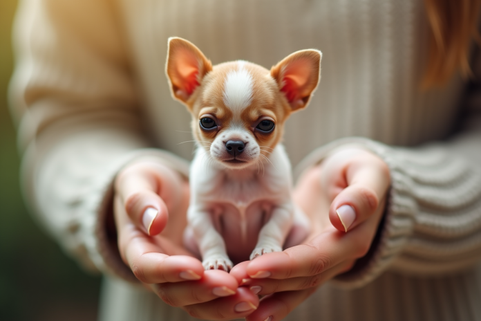 Petit chiot chihuahua dans des mains douces et lumineuses