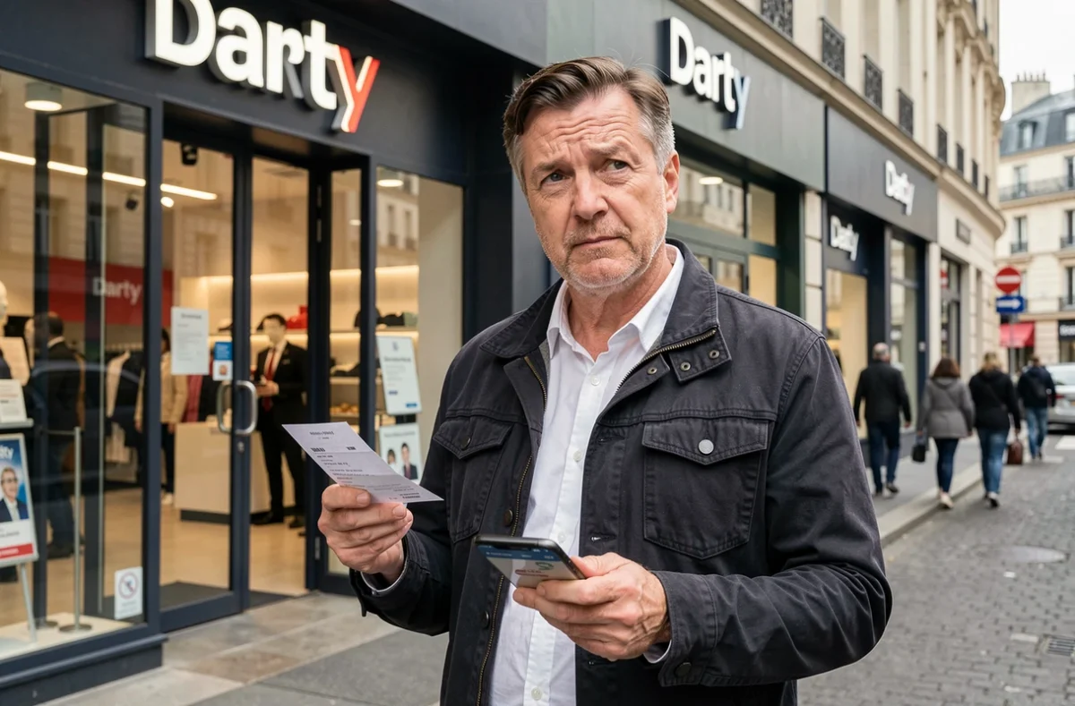 Client devant un magasin Darty consultant le SAV sur son téléphone avec un ticket de caisse en main