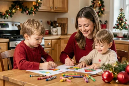 Femme aidant des enfants à colorier des dessins de Noël imprimés lors d'un goûter festif à la maison