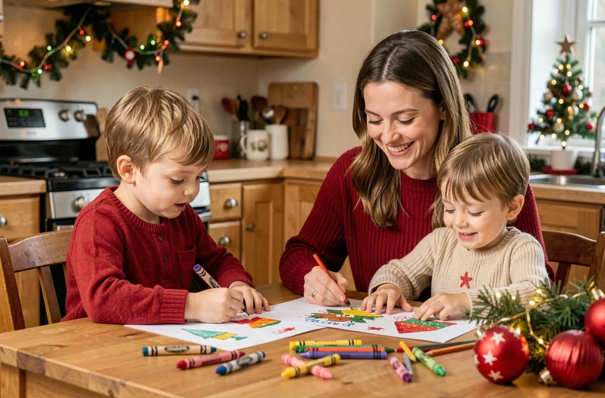 Femme aidant des enfants à colorier des dessins de Noël imprimés lors d'un goûter festif à la maison