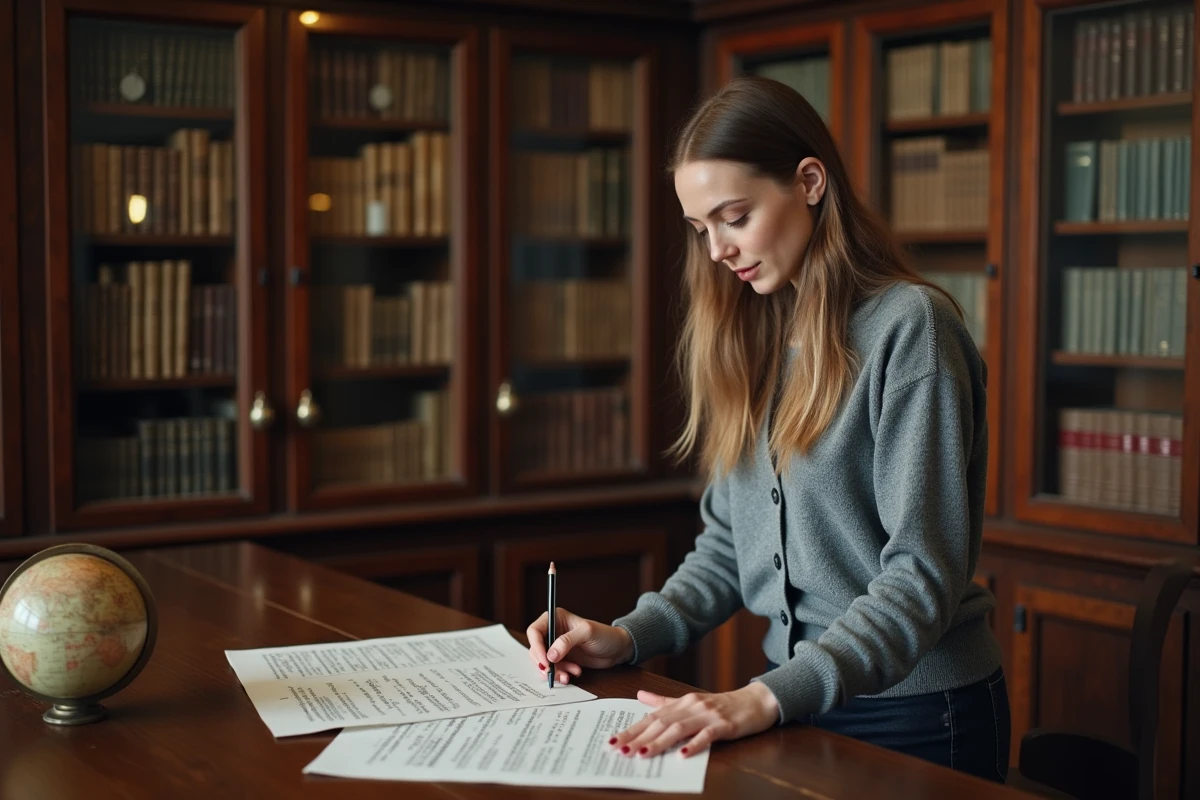 Femme comparant deux modèles de lettres napoléoniennes imprimés dans une bibliothèque historique