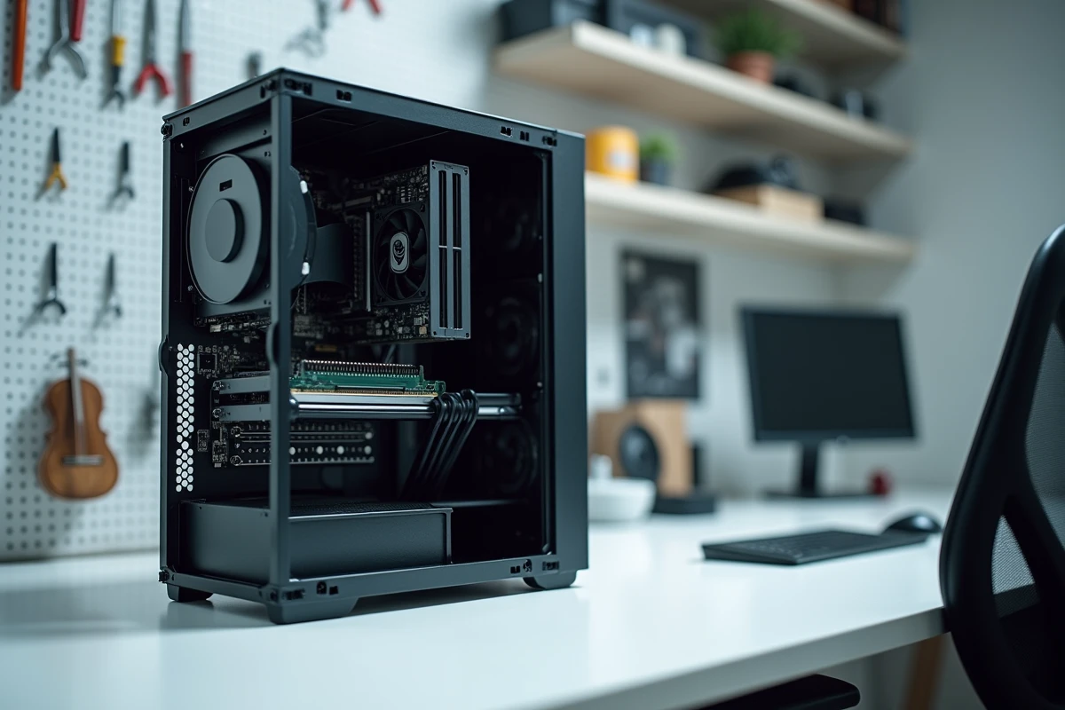 Composants internes d'un PC gaming ouverts pour évaluer la compatibilité avec les exigences système d'Aeonscope Game