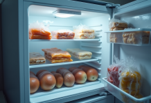 Portes de congélateur ouvertes avec aliments partiellement decongeles
