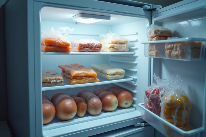 Portes de congélateur ouvertes avec aliments partiellement decongeles