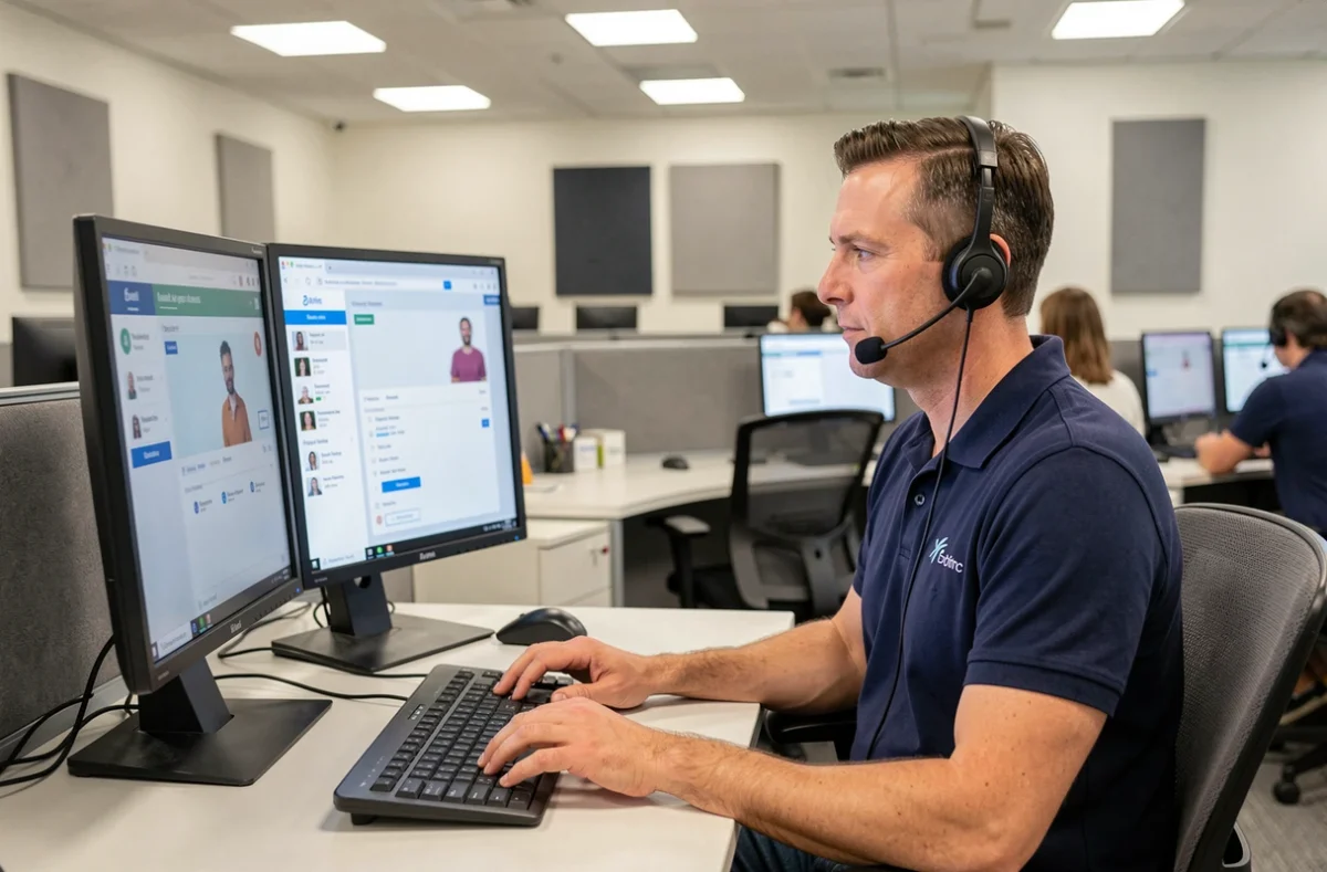 Conseiller du service client Darty au téléphone dans un centre d'appel moderne