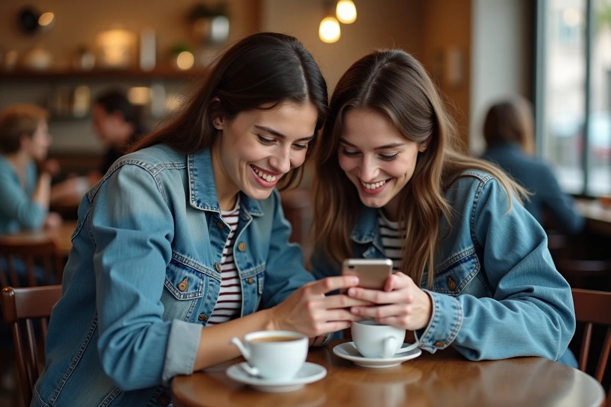 Deux amis dans un café regardant comment consulter des stories Snapchat anonymement sur mobile