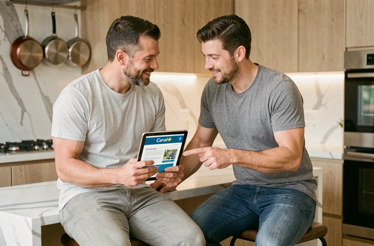 Couple discutant ensemble de l'opportunité d'attendre un code Canal Plus gratuit ou de s'abonner immédiatement